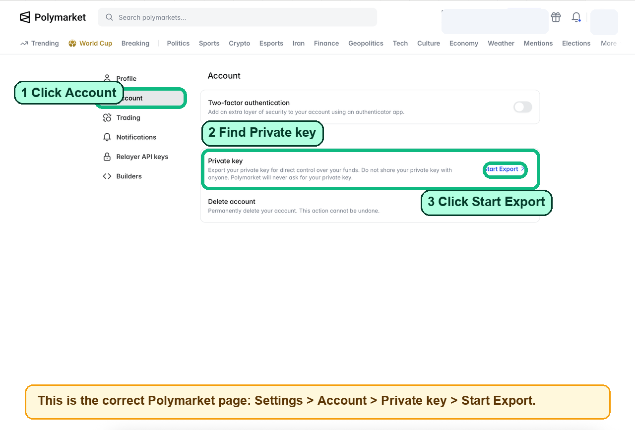 Redacted Polymarket Account settings page with Account and Start Export marked.