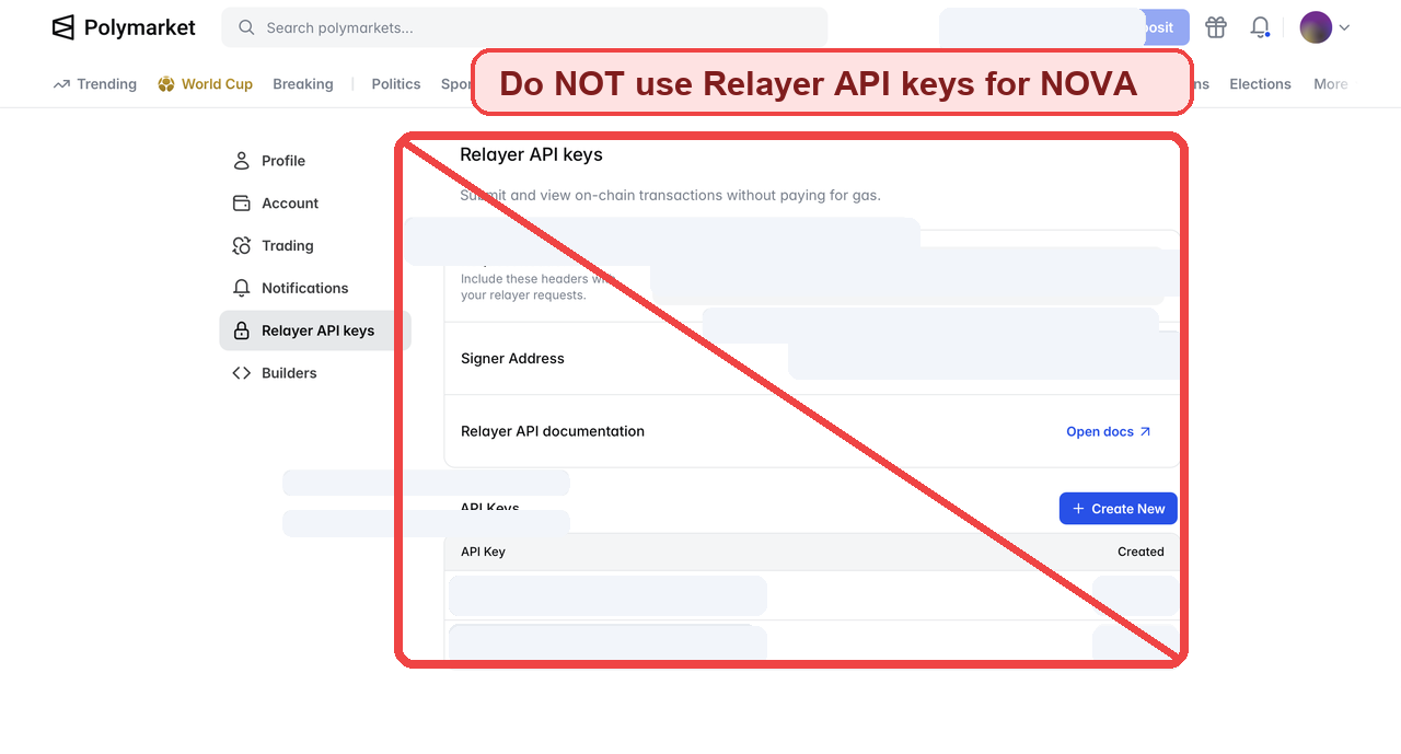 Redacted Polymarket Relayer API keys page marked do not use for NOVA.